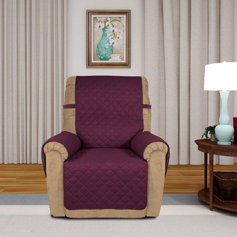 PureFit Reversible Quilted Recliner Sofa Cover, Water Resistant Slipcover Furniture Protector, Washable Couch Cover with Elastic Straps for Kids, Dogs, Pets (Small, Wine/Beige) - Image 2
